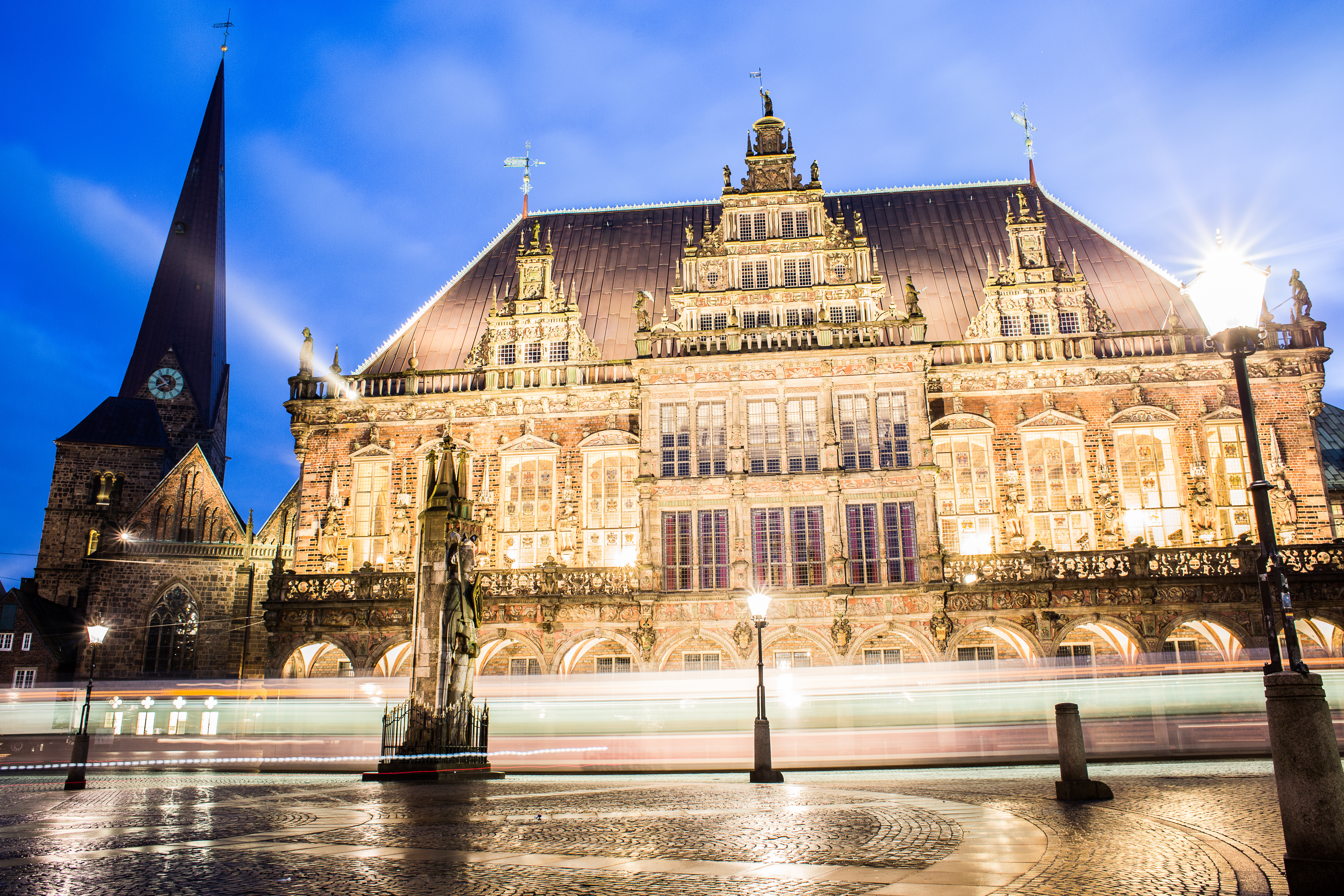 Beautiful city hall in Bremen by night with many lights